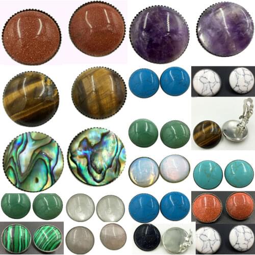 Abalone Shell Howlite Malachite Aventurine Crystal Opal Goldstone Blue Sand Tigers Eye Round Beads Clip Earrings WFH571