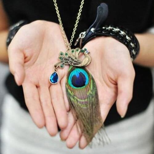 Fashion Tassel Peacock Feather Bohemian Long Necklace Pendants Sweater Chain Jewelry Exaggerated Design Drop Shipping