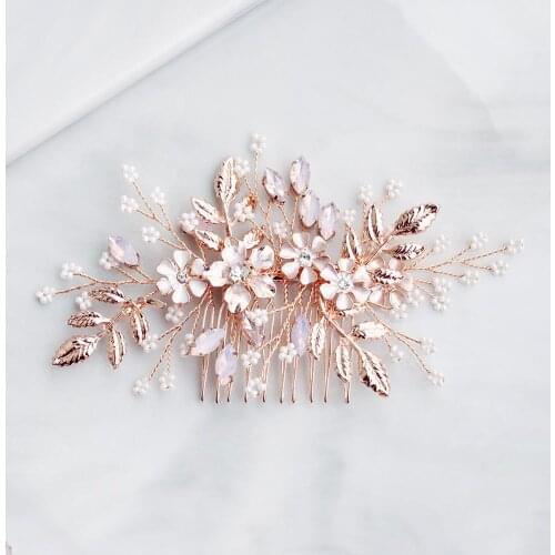 Leaf Pink Crystal Hair Combs Women Wedding Hair Accessories Rhinestone Flower Head Decoration Handmade Hair Ornament
