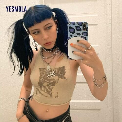 YESMOLA Summer Womens T-shirt O-neck Sleeveless Print Exposed Navel Slim Fit Y2k Corset Streetwear Tank Top Vintage