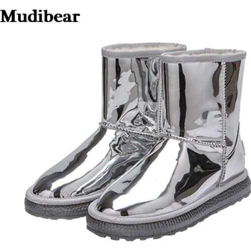 Mudibear Womens Casual Shoes Winter New Leather Snow Boots Short Thick Bottom Mirror Waterproof Non-Slip Warm Shoes Comfortable