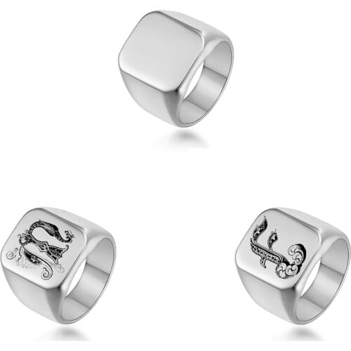 Personalised Initial Engrave A to Z Ring High Polished Stainless Steel Alphabet Signet Silver Color Mens Ring