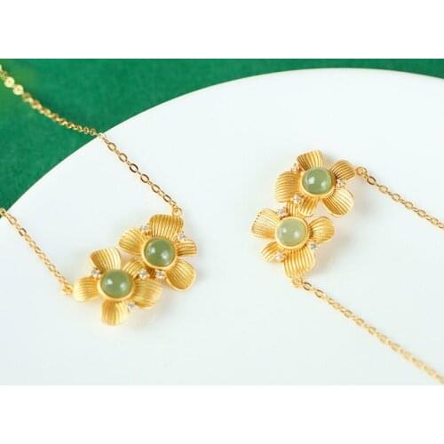 Natural Hetian Jade Gray Jade Flowers Depend on Each Other Love and Hate Necklace S925 Sterling Silver Inlaid Elegant and Ethnic