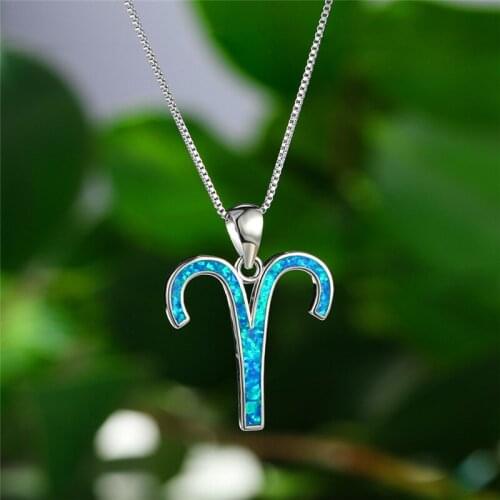 Cute Female Opal Stone Pendant Necklace Charm Silver Color Chain Necklaces For Women Boho Twelve Constellations Wedding Necklace