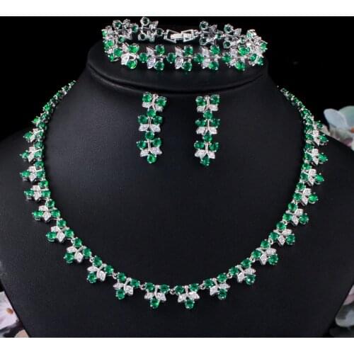 CWWZircons Luxury Dubai Nigeria Green CZ Crystal Wedding Prom Necklace Jewelry Set for Brides Party Costume Accessories T477