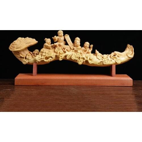 Five Boys Statue Ruyi Feng Shui Wood Carving Solid Wood Sculpture Craft Chinese Collection Home Decoration