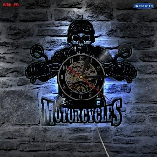 Motorcycles Bikers Classic King Skull LED Light Color Change Vinyl Clock Wall Light Remote Controller Atmosphere Light