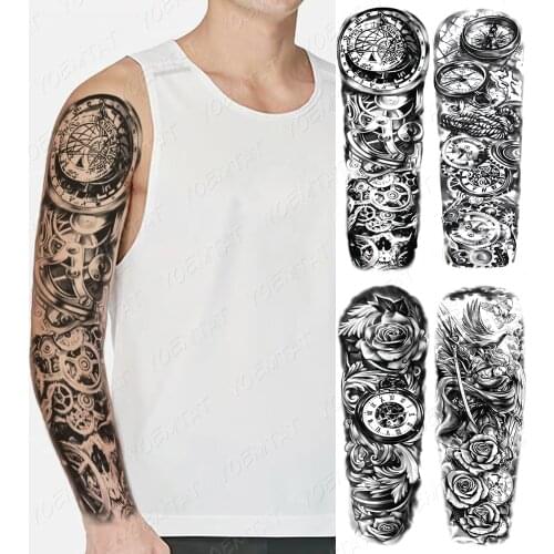 Waterproof Temporary Full Arm Tattoo Sticker Compass Gear Mechanical Rose Flash Tattoos Man Body Art Big Fake Sleeve Tatto Women