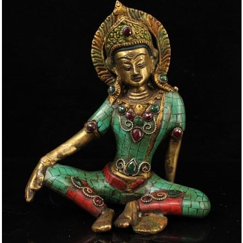 Height 19CM,Tibetan Tantric Buddhism Handmade Tara Statue, Old copper Inlaid semi-precious stones turquoise Green Tara Sculpture