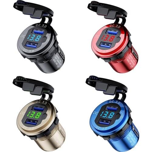 L4 Dual QC3.0 USB Charger Quick Charge 3.0 USB Socket Adapter Power Outlet with Voltmeter Switch for 12V-24V Car Boat Motorcycle