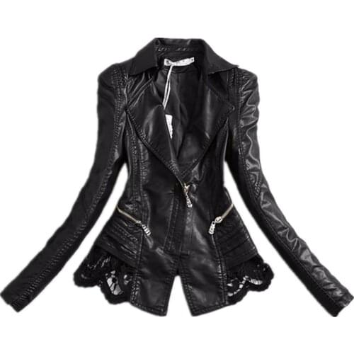 New Lady Autumn Fashion brand Jacket Lace Patchwork Slim Women Jacket Pu Leather V-neck Short Outwear jacket