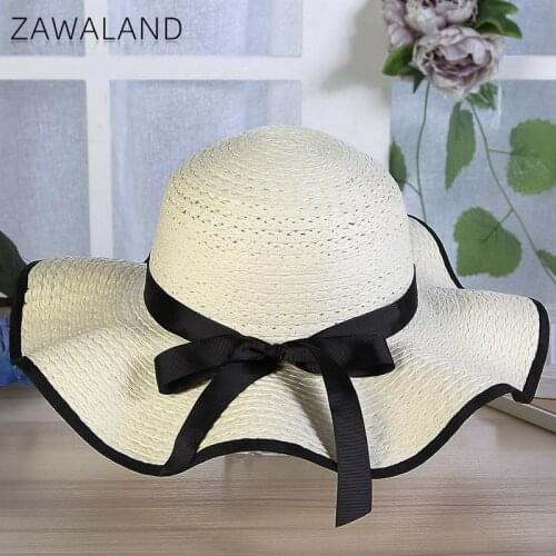 Zawaland Women Outdoor Sport Hat Sun Protection Summer Beach Straw Cap Bow Big Eaves Streetwear Hats Solid Color Wave Traval Cap