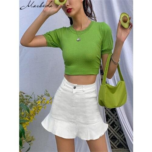 Macheda Summer Ruffle Hem Trumpet Skirt Women Fashion Solid Slim Bodycon Skirts For Lady Casual High Waist Mini Skirt 2020 New