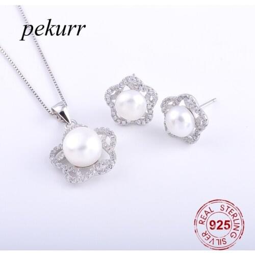 Pekurr 925 Sterling Silver Zircon Round Star Freshwater Natural Pearl Earrings Necklace Sets For Women Flower Pendants Jewelry