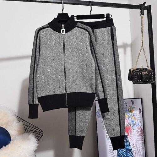 Autumn Winter New Fashion Knit Set Women Long sleeve Loose knitted Cardigan Sweater + Small feet Trousers Two Piece Set Women