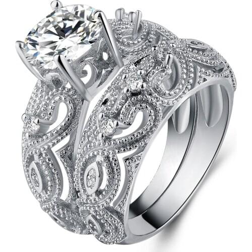 Utimtree Exquisite Hollow Fashion Wedding Rings 925 Silver Princess Cut Sparkling Zircon Stone Engagement Ring Set for Women