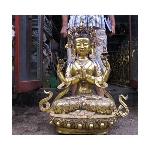 004641 31"Tibea Buddhism Temple Bronze gild 4-Arms Chenrezig Kwan-Yin Buddha statue
