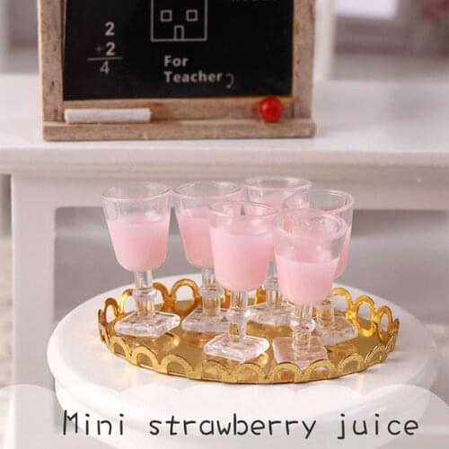 1:12 Dollhouse Miniature 6cups Strawberry Juice With 1 Tray Simulation Toy