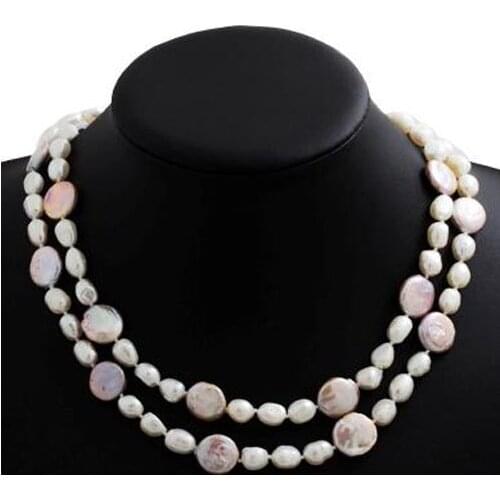 48''inchs long necklace AA 7-13mm White color over Freshwater Pearl +Gray Coin Pearl Necklace Wholesale new free shipping NF125
