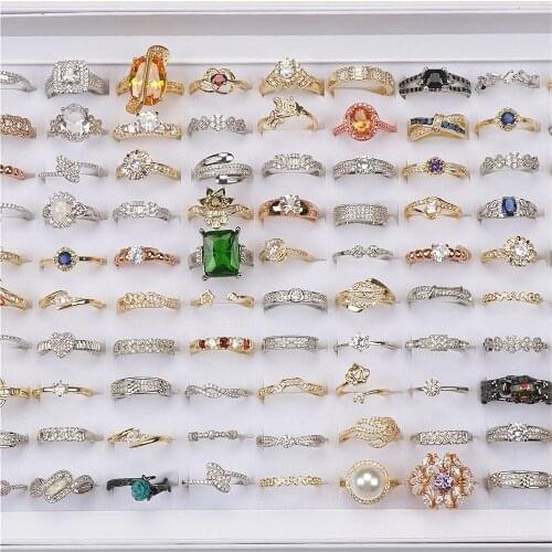 50pcs/lot Fashion Sparkling Micro-inlaid Top Quality Zircon Gold Silver Color Jewelry Rings For Women Mix Style Party Gifts