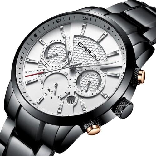 Men Stainless Steel Wristwatch CRRJU Man Top Luxury Brand Unique Quartz Chronograph Army Waterproof Clock Casual Fashion Watches