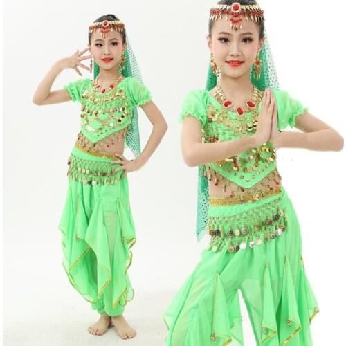 2019 Girl Children Belly Dance Costumes 4Pcs Chiffon 120D Sequin Clothing For Kids Genie Fringe Dance Pants Gypsy Clothes G