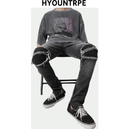 High Street Patchwork Ripped Holes Jeans Mens Distressed Denim Joggers Bottom Zipper Washed Destroyed Streetwear Biker Pants