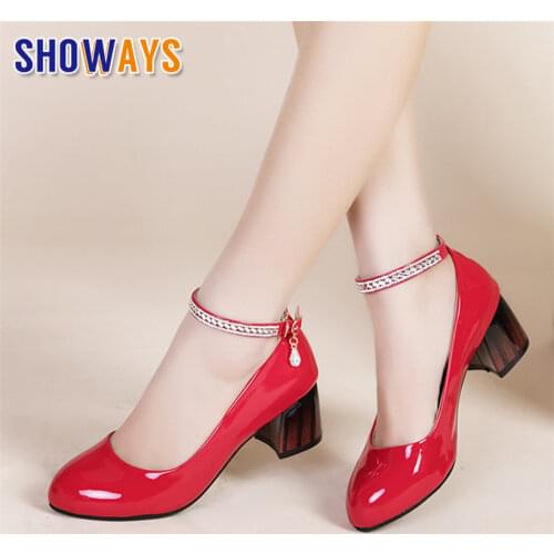 Elegant Red Women Pumps High Block Heel Black Patent Leather Round Toe Casual Party Crystal Ankle Buckle Strap Office Lady Shoes