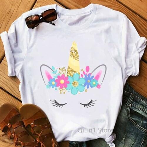 Lovely Floral Unicorn Animal Print T-Shirt Femme Cute 90s 00s Tumblr Clothes Graphic Tees Summer Top Female Casual T Shirt