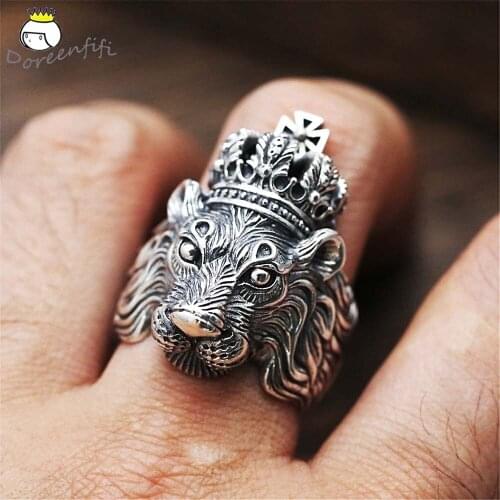 Hiphop Vintage Ancient Silver Roaring King Lion Head and Crown Ring for Men Rock Pinky Rings Male Jewelry Size 6 7 8 9 10 11 12