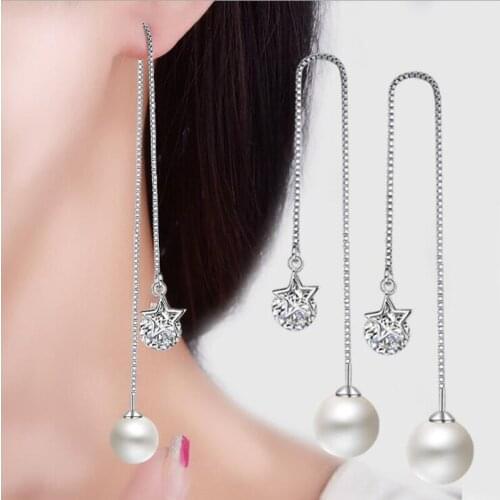 KOFSAC New Fashion 925 Sterling Silver Earrings For Women Exquisite Shiny Zircon Star Pearl Ear Line Earring Bride Fine Jewelry