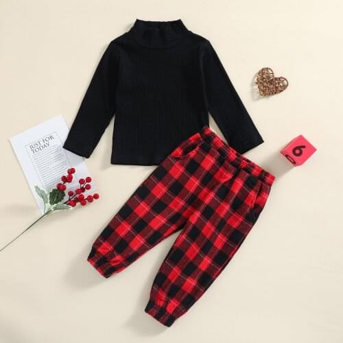 1-6Y Fashion Kids Girls 2pcs Clothes Sets Long Sleeve Turtleneck Solid Knit Sweater Tops Plaid Pants