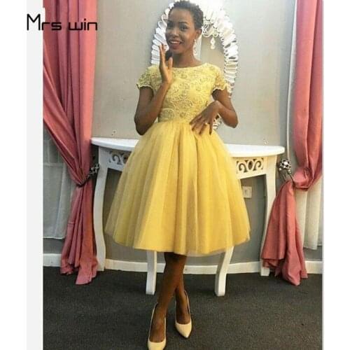 Mrs win Prom Dresses For Girls O-neck Eleganat Women Party Gowns Short Sleeve Plus Size Knee Length Formal Dress HR085
