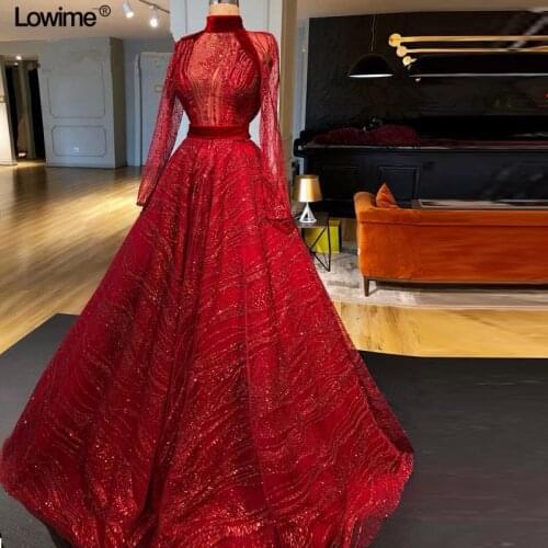 New Fashion Burgundy Formal Evening Dresses A-Line Long Sleeve Illusion High Neck Sparkly Evening Gowns Custom Made