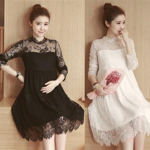 Pregnancy Clothes Spring Summer Dress Women Elegant Casual Lace Long Sleeve Loose Leakage of Shoulder Maternity Dresses