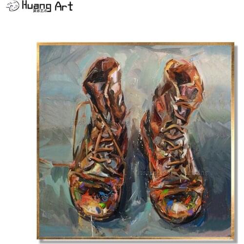 Original Art Hand-painted Boots Oil Paintings on Canvas Shoe Painting Hang Picture Still Life for Decor Impression Oil Painting