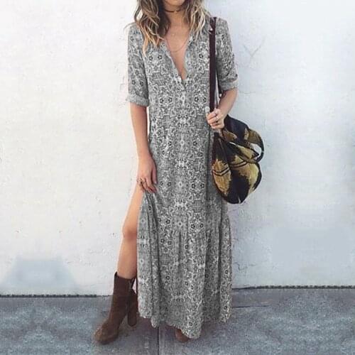 Autumn Retro Print Long Dress Button Deep V Sexy Slit Robe Long Sleeve Casual Womens Jacquemus Pink Dress Maxi A-line Vestidos