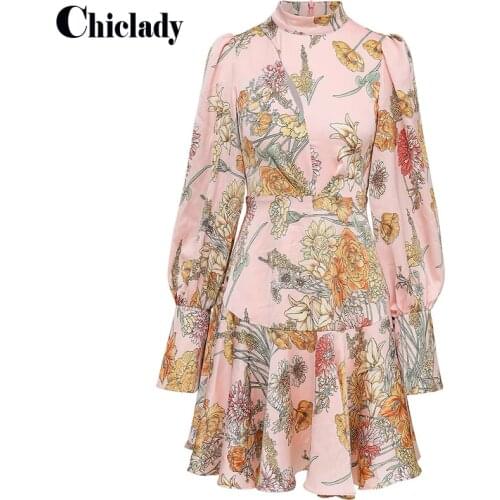 CHICLADY Runway Fashion Women Dress Spring Autumn New Arrival Long Lantern Sleeve Flower Print Luxury Stand Collar Casual Dress