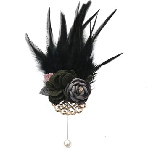 Luxury black feather flower wedding jewelry accessories women lapel Pin Suit tuxedo corsage boutonniere lapels pins gift sale