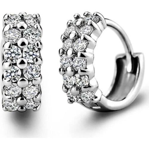 Silver Inlay Luxury Double Row White Zircon Round small Ear buckle Fashion jewelry Cubic zirconia Earrings for Women