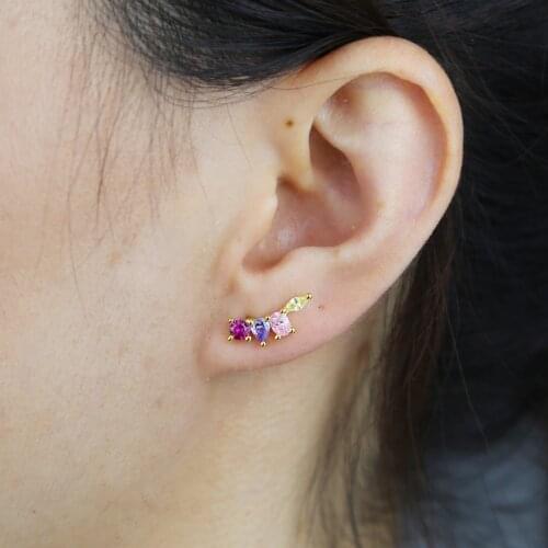 100% 925 Sterling Silver Rainbow Zircon CZ Paved Cute fancy stud Earring Round Piercing Climber European wedding Jewelry