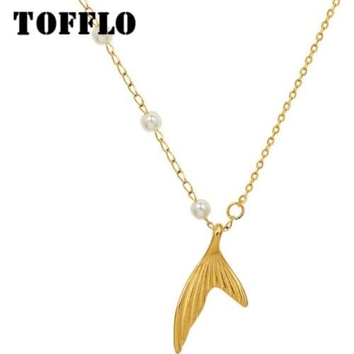 TOFFLO Stainless Steel Jewelry Pearl Fshtail Pendant Necklace Female Excellent Elegant Clavicle Chain BSP1039