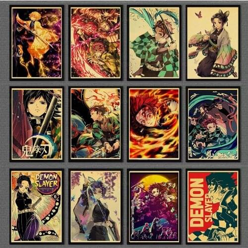 Vintage Japanese Posters Demon Slayer Kimetsu no Yaiba For Home Decor kraft Paper high quality poster wall Decor Painting