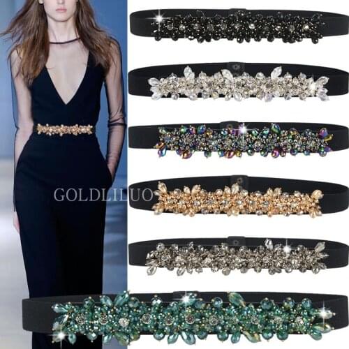 High Quality Fashion Colorful Rhinestone Buckle Bridal Belts Dress Decoration Best Women Wide Diamond Waistband Elastic Cummerbu