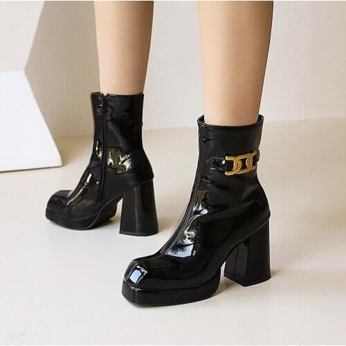 Bright Patent Leather Metal Decoration Street Fashion Mid-Calf Boots Square Toe Platform Oversized Short-Tube Women’S Boots 2021