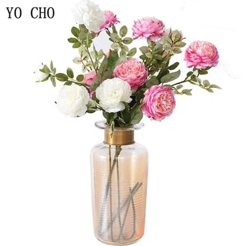 YO CHO 3 Heads Peony Artificial Flowers Pink White Peonies Silk Flower Artificial Peonies Wedding Garden Decoration Fake Flower