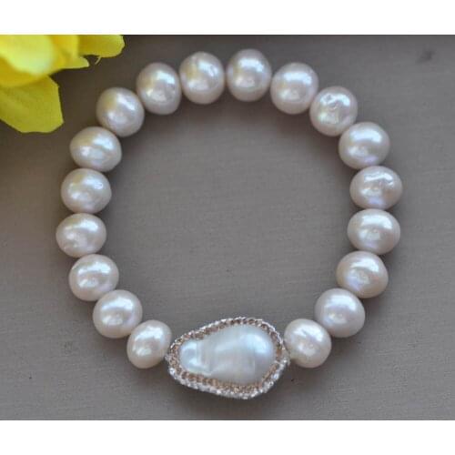 Z11113 Stretch 8" 25mm White Drop Keshi CZ Round Freshwater Pearl Bracelet