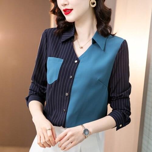 Women Plus Size Blusas Mujer 2021 Spring Patchwork OL Blouses Elegant Casual Vintage Harajuku Tops New Sexy Striped Tees 9219