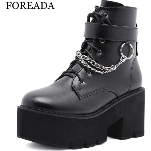 FOREADA Punk Style Woman Motorcycle Boots Platform Thick High Heel Shoes Chain Round Toe Zipper Ladies Ankle Boots Autumn 35-43