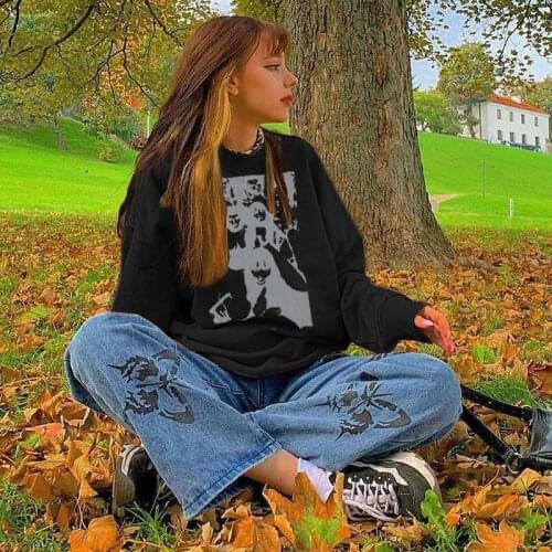 Aesthetic Y2K Portrait Print Sweatshirts Womens Oversized 90s E Girls Vintage Autumn Hoodies Loose Tops Graphic Streetwear
